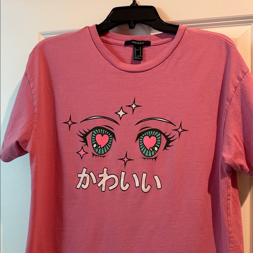 Forever 21 Pink Tee with Anime Eyes Graphic